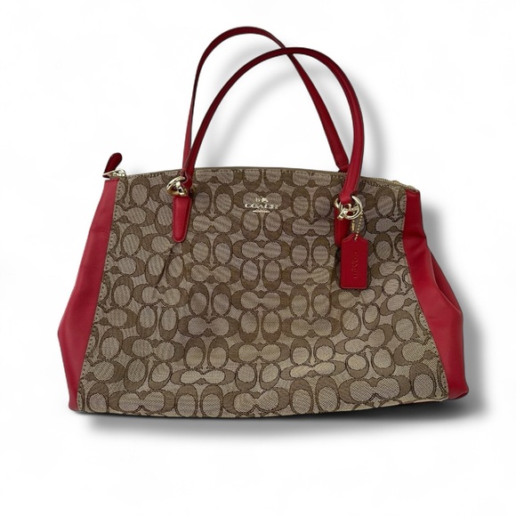 Coach Christie Carryall Double Zip Logo Bag Red Tan - Picture 1 of 16